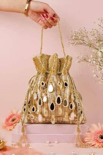 Buy_House Of Kosha_Gold Beads, Mirrors, Tassels Noorah Handcrafted Potli _at_Aza_Fashions