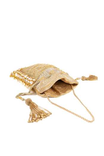 House Of Kosha_Gold Embroidery, Stones, Mirrors, Tassels Rooh Handcrafted Potli _Online_at_Aza_Fashions