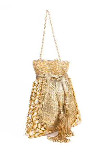 Buy_House Of Kosha_Gold Embroidery, Stones, Mirrors, Tassels Rooh Handcrafted Potli _Online_at_Aza_Fashions