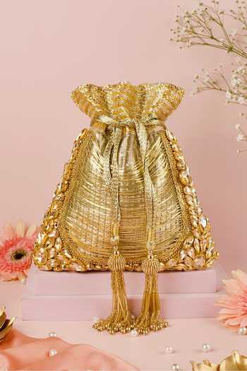 Buy_House Of Kosha_Gold Embroidery, Stones, Mirrors, Tassels Rooh Handcrafted Potli _at_Aza_Fashions