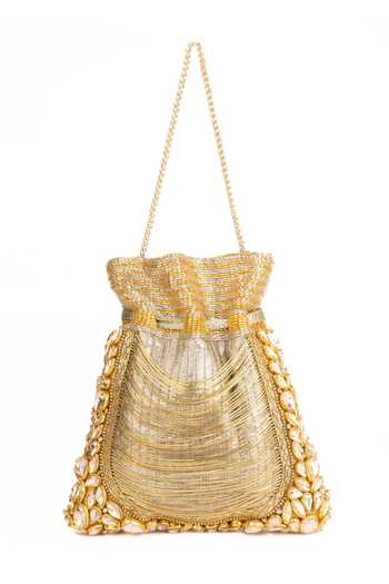 Shop_House Of Kosha_Gold Embroidery, Stones, Mirrors, Tassels Rooh Handcrafted Potli _at_Aza_Fashions
