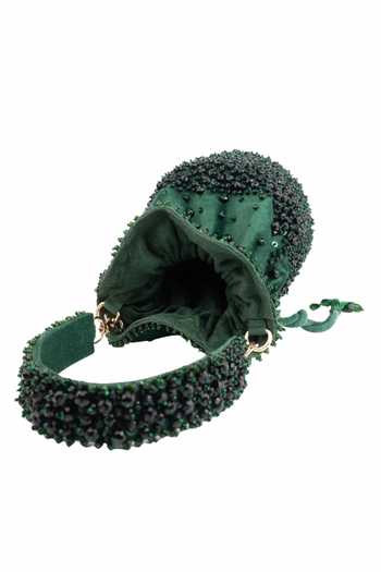 House Of Kosha_Green Beads, Crystals, Tassels Zaria Suede Embellished Bucket Bag _Online_at_Aza_Fashions