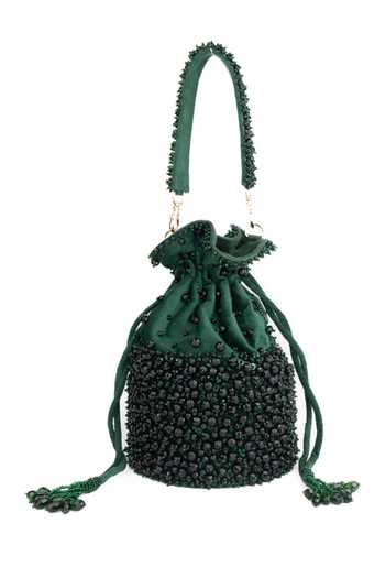 Shop_House Of Kosha_Green Beads, Crystals, Tassels Zaria Suede Embellished Bucket Bag _at_Aza_Fashions