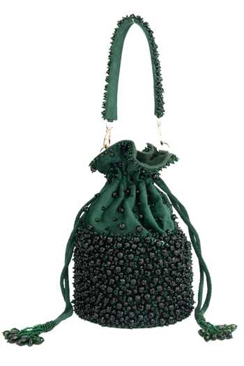 Buy_House Of Kosha_Green Beads, Crystals, Tassels Zaria Suede Embellished Bucket Bag _Online_at_Aza_Fashions