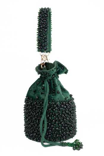 Shop_House Of Kosha_Green Beads, Crystals, Tassels Zaria Suede Embellished Bucket Bag _Online_at_Aza_Fashions