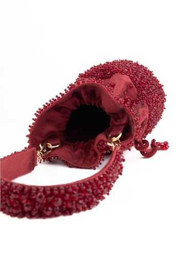 House Of Kosha_Maroon Beads, Crystals, Tassels Zaria Embellished Bucket Bag _Online_at_Aza_Fashions