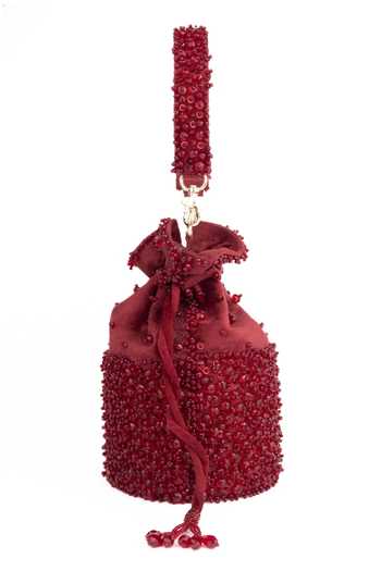 Buy_House Of Kosha_Maroon Beads, Crystals, Tassels Zaria Embellished Bucket Bag _Online_at_Aza_Fashions