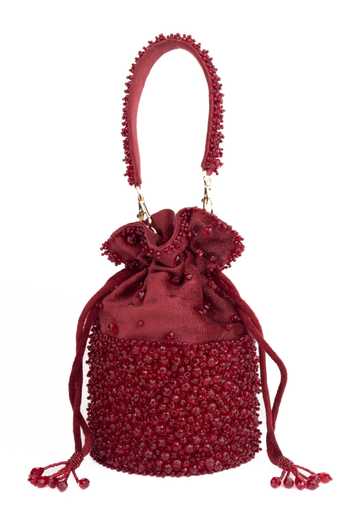 Shop_House Of Kosha_Maroon Beads, Crystals, Tassels Zaria Embellished Bucket Bag _at_Aza_Fashions