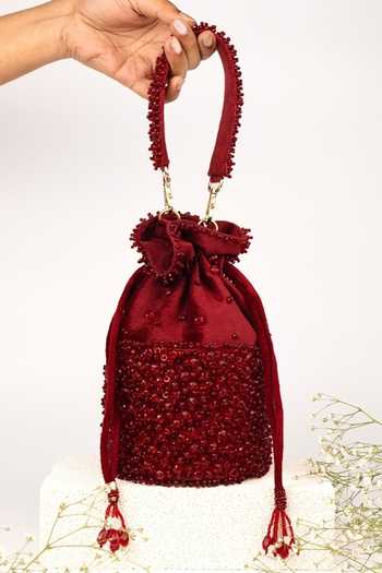 Buy_House Of Kosha_Maroon Beads, Crystals, Tassels Zaria Embellished Bucket Bag _at_Aza_Fashions