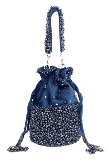 Shop_House Of Kosha_Navy Beads, Crystals, Tassels Zaria Suede Embellished Bucket Bag _at_Aza_Fashions