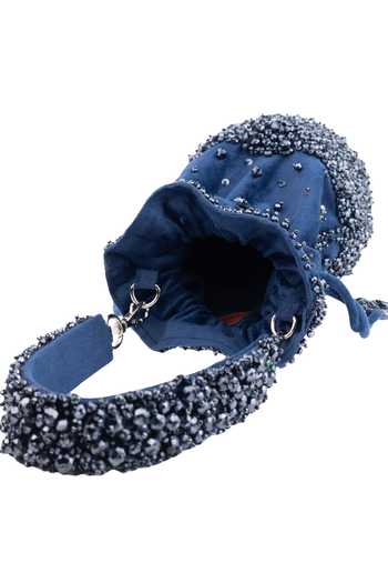 House Of Kosha_Navy Beads, Crystals, Tassels Zaria Suede Embellished Bucket Bag _Online_at_Aza_Fashions