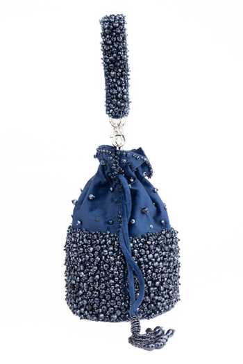 Buy_House Of Kosha_Navy Beads, Crystals, Tassels Zaria Suede Embellished Bucket Bag _Online_at_Aza_Fashions
