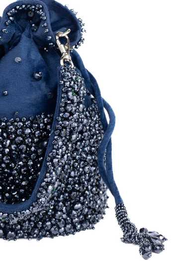 Shop_House Of Kosha_Navy Beads, Crystals, Tassels Zaria Suede Embellished Bucket Bag _Online_at_Aza_Fashions