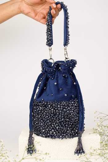 Buy_House Of Kosha_Navy Beads, Crystals, Tassels Zaria Suede Embellished Bucket Bag _at_Aza_Fashions