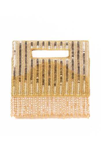 Shop_House Of Kosha_Gold Sequins, Crystals, Tassels Ayla Suede Embellished Clutch _at_Aza_Fashions