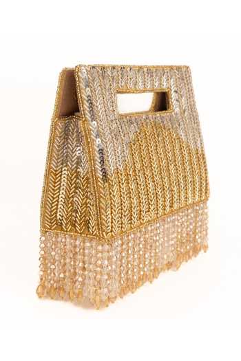 House Of Kosha_Gold Sequins, Crystals, Tassels Ayla Suede Embellished Clutch _Online_at_Aza_Fashions