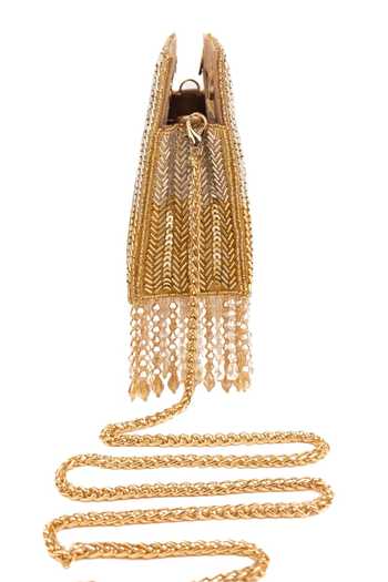 Shop_House Of Kosha_Gold Sequins, Crystals, Tassels Ayla Suede Embellished Clutch _Online_at_Aza_Fashions