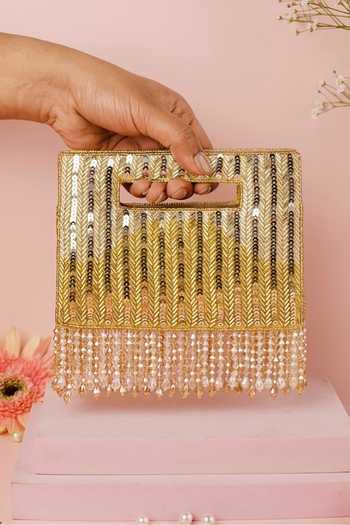 Buy_House Of Kosha_Gold Sequins, Crystals, Tassels Ayla Suede Embellished Clutch _at_Aza_Fashions