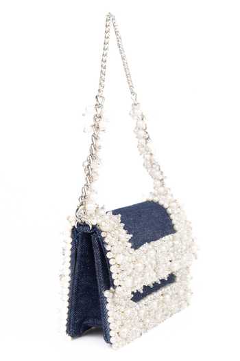 Buy_House Of Kosha_Blue Beads, Pearls, Crystals Elana Denim Embellished Mini Bag _Online_at_Aza_Fashions