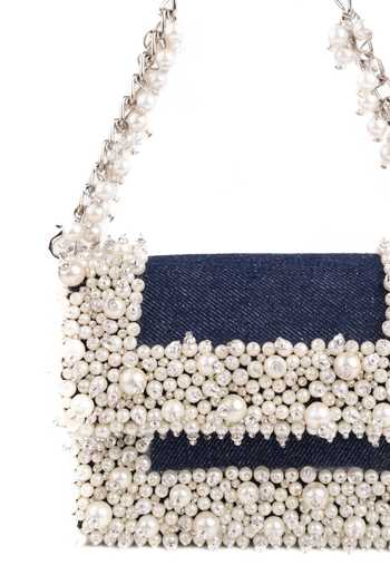 House Of Kosha_Blue Beads, Pearls, Crystals Elana Denim Embellished Mini Bag _at_Aza_Fashions