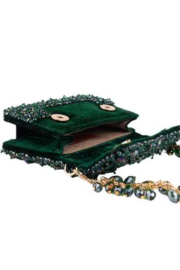 House Of Kosha_Green Beads, Crystals Elana Suede Embellished Mini Bag _Online_at_Aza_Fashions