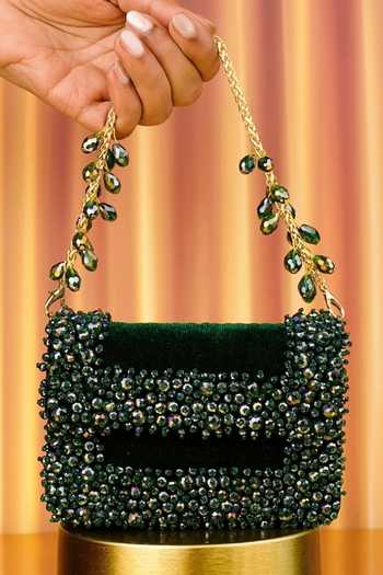 Buy_House Of Kosha_Green Beads, Crystals Elana Suede Embellished Mini Bag _at_Aza_Fashions