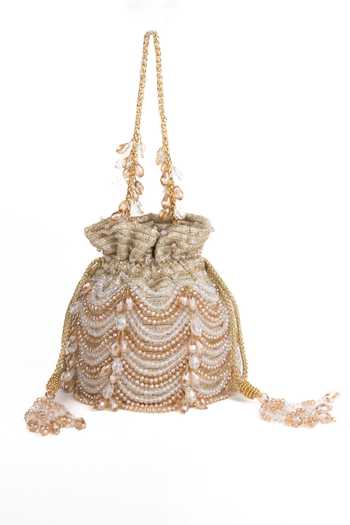 Shop_House Of Kosha_Gold Embroidery, Crystals, Tassels Gulzar Embellished Bucket Bag _at_Aza_Fashions