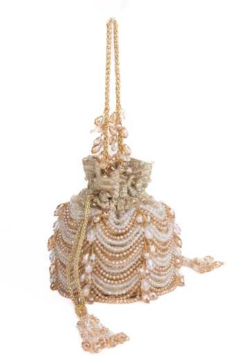 House Of Kosha_Gold Embroidery, Crystals, Tassels Gulzar Embellished Bucket Bag _Online_at_Aza_Fashions