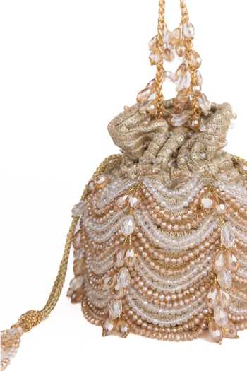 Shop_House Of Kosha_Gold Embroidery, Crystals, Tassels Gulzar Embellished Bucket Bag _Online_at_Aza_Fashions