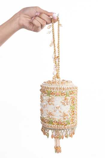 Shop_House Of Kosha_Gold Embroidery, Beads, Pearls, Tassels Bella Embellished Cylinder Mini Bag _at_Aza_Fashions