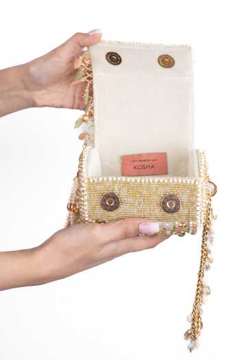 Buy_House Of Kosha_Gold Embroidery, Beads, Pearls, Tassels Bella Embellished Cylinder Mini Bag _Online_at_Aza_Fashions