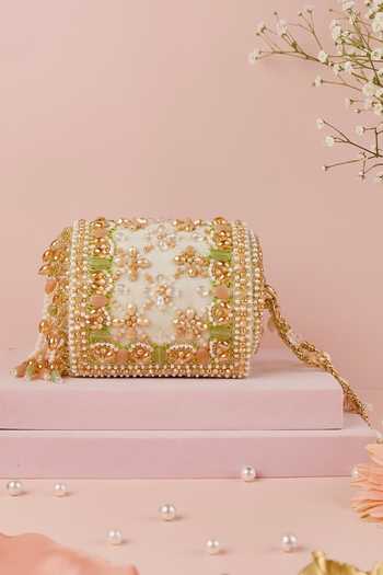 Buy_House Of Kosha_Gold Embroidery, Beads, Pearls, Tassels Bella Embellished Cylinder Mini Bag _at_Aza_Fashions