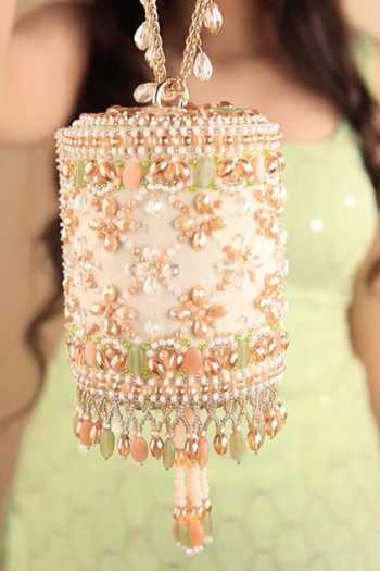 Shop_House Of Kosha_Gold Embroidery, Beads, Pearls, Tassels Bella Embellished Cylinder Mini Bag _Online_at_Aza_Fashions