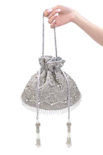 House Of Kosha_Silver Embroidery, Sequins, Beads, Pearls, Sunheri Embellished Potli Bag _Online_at_Aza_Fashions