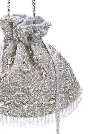 Shop_House Of Kosha_Silver Embroidery, Sequins, Beads, Pearls, Sunheri Embellished Potli Bag _Online_at_Aza_Fashions