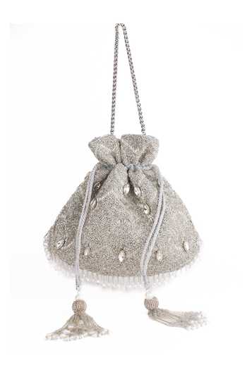 Shop_House Of Kosha_Silver Embroidery, Sequins, Beads, Pearls, Sunheri Embellished Potli Bag _at_Aza_Fashions