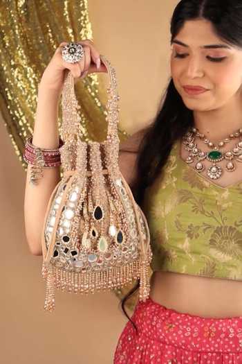 House Of Kosha_Gold Embroidery, Beads, Mirrors, Crystals, Tarah Suede Embellished Potli _Online_at_Aza_Fashions