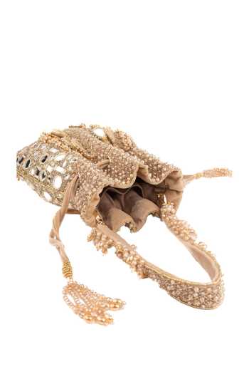 Buy_House Of Kosha_Gold Embroidery, Beads, Mirrors, Crystals, Tarah Suede Embellished Potli _Online_at_Aza_Fashions