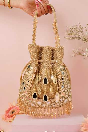 Buy_House Of Kosha_Gold Embroidery, Beads, Mirrors, Crystals, Tarah Suede Embellished Potli _at_Aza_Fashions
