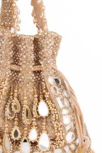 Shop_House Of Kosha_Gold Embroidery, Beads, Mirrors, Crystals, Tarah Suede Embellished Potli _Online_at_Aza_Fashions