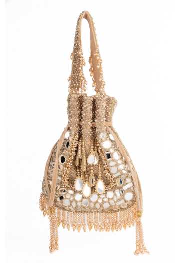 Shop_House Of Kosha_Gold Embroidery, Beads, Mirrors, Crystals, Tarah Suede Embellished Potli _at_Aza_Fashions
