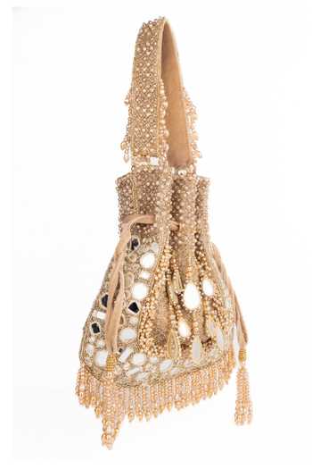 Buy_House Of Kosha_Gold Embroidery, Beads, Mirrors, Crystals, Tarah Suede Embellished Potli 