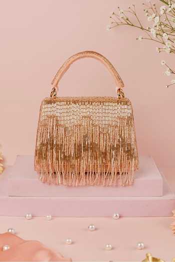 Buy_House Of Kosha_Pink Beads, Fringe Bushra Suede Handcrafted Box Bag _at_Aza_Fashions