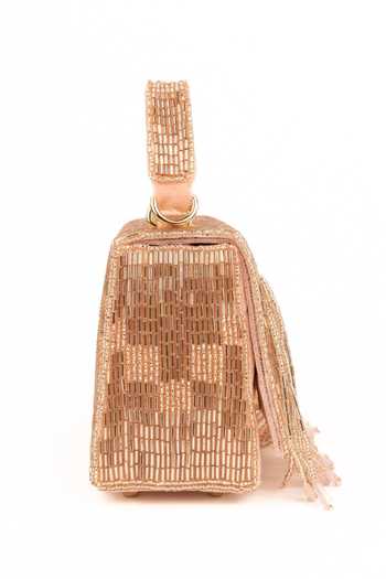 Shop_House Of Kosha_Pink Beads, Fringe Bushra Suede Handcrafted Box Bag _Online_at_Aza_Fashions