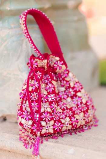 House Of Kosha_Magenta Embroidery, Beads, Mirrors, Tassels Rida Suede Gota Embellished Potli _Online_at_Aza_Fashions
