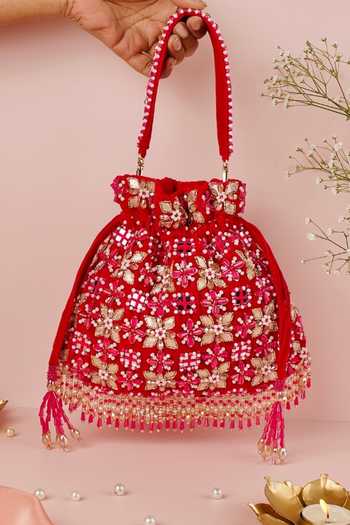 Shop_House Of Kosha_Magenta Embroidery, Beads, Mirrors, Tassels Rida Suede Gota Embellished Potli _at_Aza_Fashions
