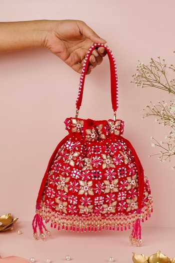 Buy_House Of Kosha_Magenta Embroidery, Beads, Mirrors, Tassels Rida Suede Gota Embellished Potli _at_Aza_Fashions