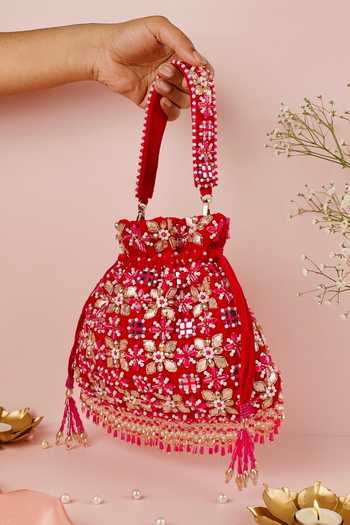 Buy_House Of Kosha_Magenta Embroidery, Beads, Mirrors, Tassels Rida Suede Gota Embellished Potli _Online_at_Aza_Fashions