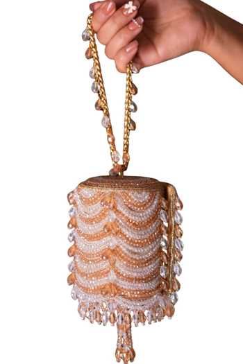 Shop_House Of Kosha_Gold Beads, Crystals, Tassels, Fringe Eva Embellished Mini Cylinder Bag _at_Aza_Fashions
