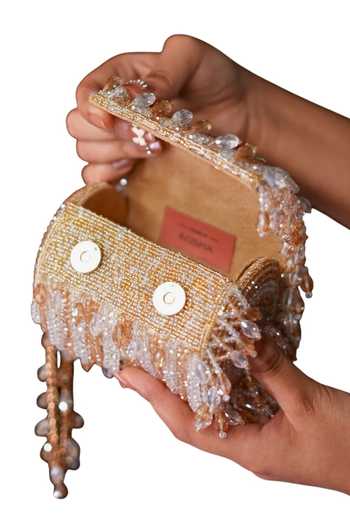 House Of Kosha_Gold Beads, Crystals, Tassels, Fringe Eva Embellished Mini Cylinder Bag _Online_at_Aza_Fashions